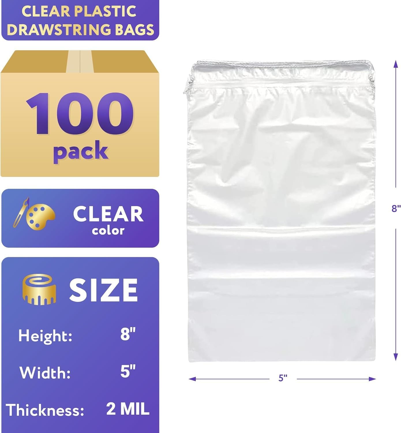 Clear Plastic Drawstring Bags 5" x 8"; Pack of 100 Clear Bags for Gifts 2 Mil Polyethylene Drawstring Gift Bags; Water-Resistant Plastic Shoe Bags 5x8