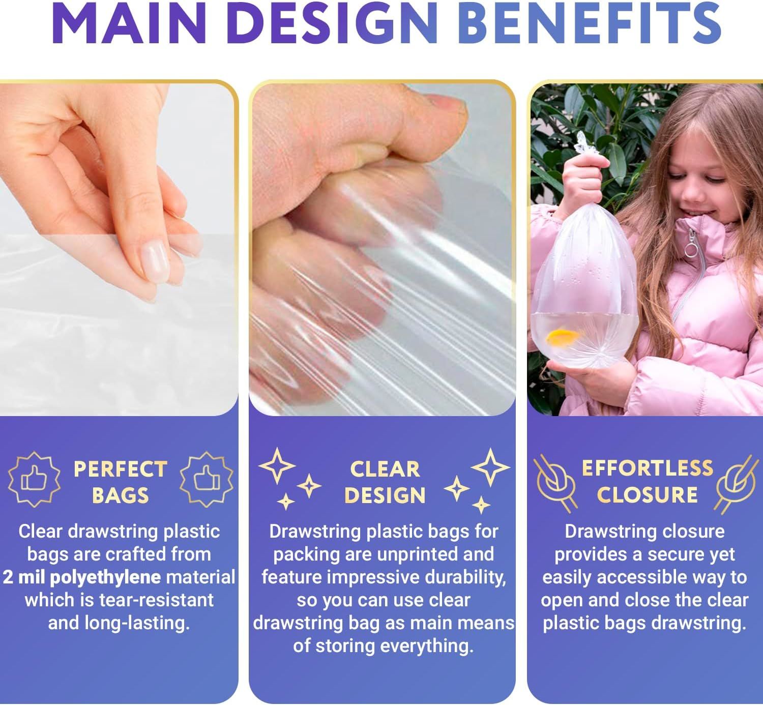 Clear Plastic Drawstring Bags 5" x 8"; Pack of 100 Clear Bags for Gifts 2 Mil Polyethylene Drawstring Gift Bags; Water-Resistant Plastic Shoe Bags 5x8