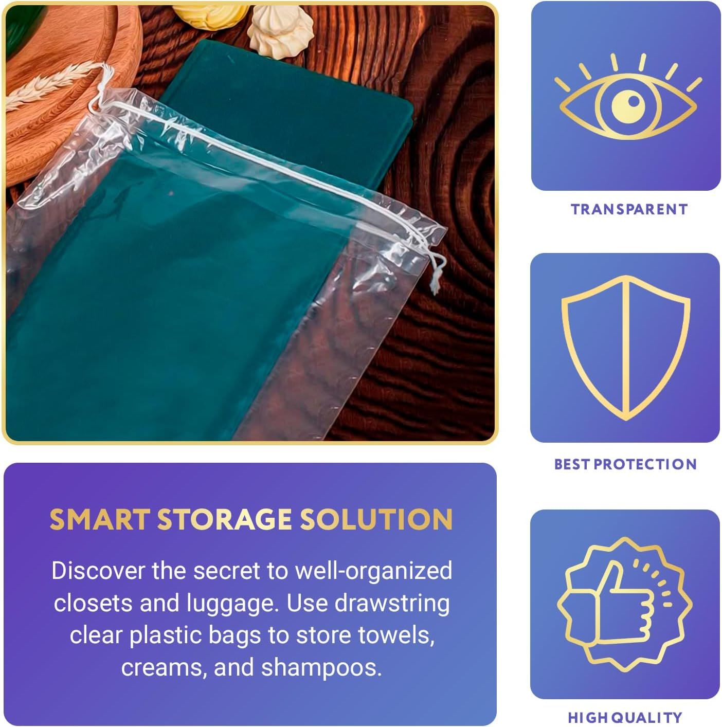 Clear Plastic Drawstring Bags 5" x 8"; Pack of 100 Clear Bags for Gifts 2 Mil Polyethylene Drawstring Gift Bags; Water-Resistant Plastic Shoe Bags 5x8