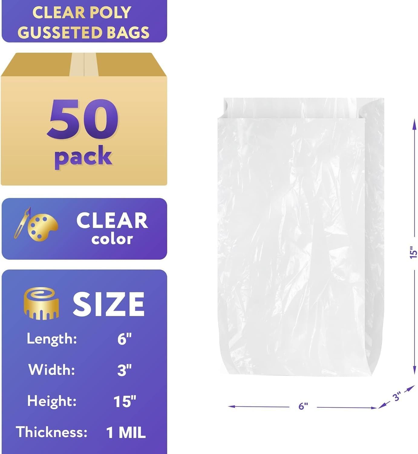 Pack of 50 Gusseted Poly Bags 6 x 3 x 15. Clear Polyethylene Bags 6x3x15 Thickness 1 Mil. Expandable Side Gusset Bags. Ultra Thin Bags for Industrial;