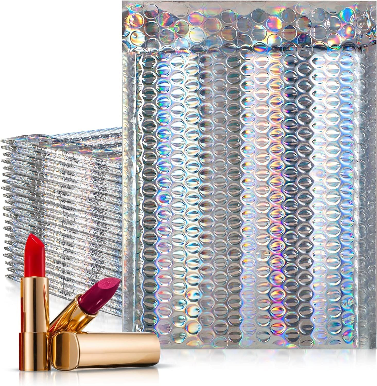 Metallic Holographic Bubble Mailers 7.25 x 11 Size. Pack of 25 Foil Padded Envelopes 7 1/4 x 11 Glitter Bubble Mailers. Self-Sealing Holo Cushion Envelopes. Glamour Holographic Package Envelopes