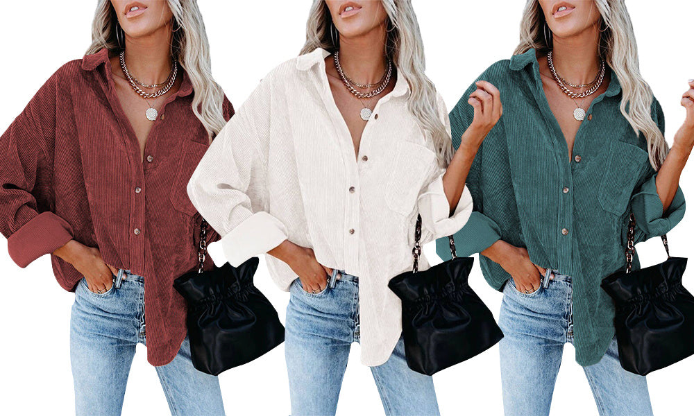 2022 Women's Fashion Corduroy Casual Loose Pocket Blouse With Long Sleeves