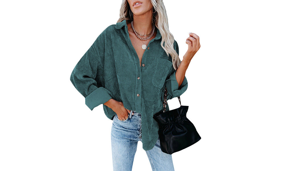 2022 Women's Fashion Corduroy Casual Loose Pocket Blouse With Long Sleeves