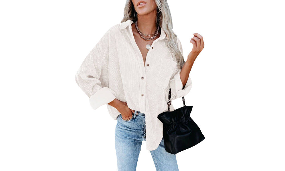 2022 Women's Fashion Corduroy Casual Loose Pocket Blouse With Long Sleeves