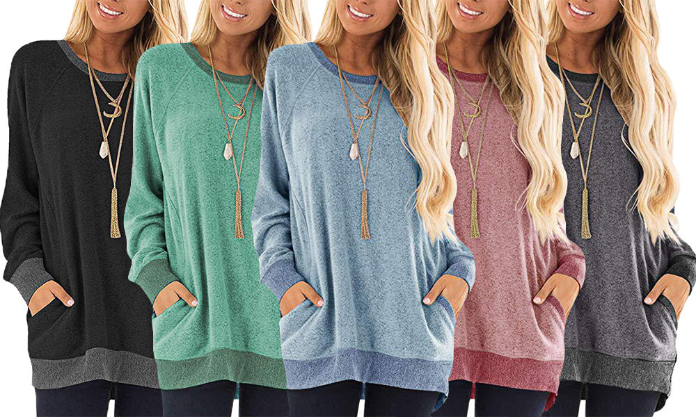 Womens Color Block Long Sleeve Round Neck Pocket T Shirts;  Suitable For Winter