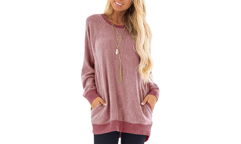 Womens Color Block Long Sleeve Round Neck Pocket T Shirts;  Suitable For Winter