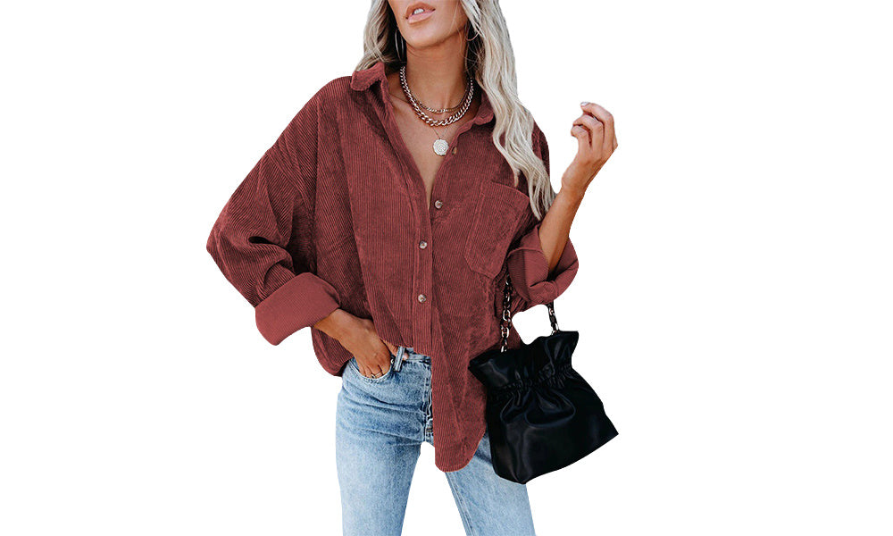 2022 Women's Fashion Corduroy Casual Loose Pocket Blouse With Long Sleeves