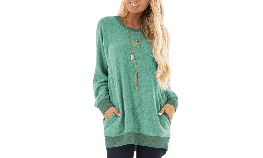 Womens Color Block Long Sleeve Round Neck Pocket T Shirts;  Suitable For Winter