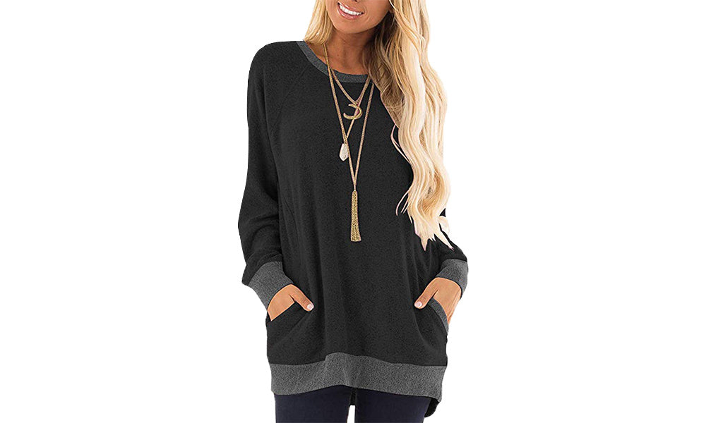 Womens Color Block Long Sleeve Round Neck Pocket T Shirts;  Suitable For Winter