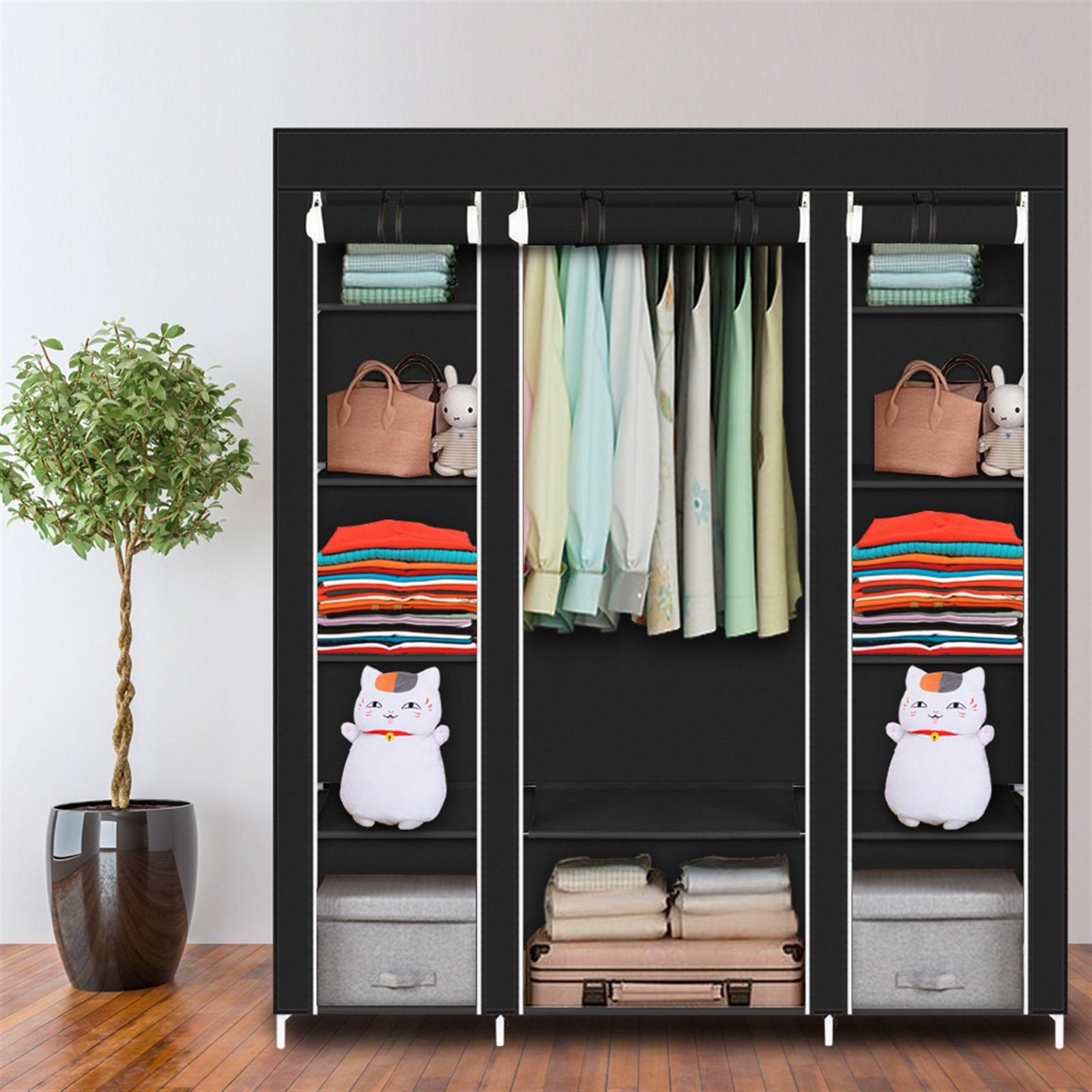 69" Portable Clothes Closet Wardrobe Storage Organizer with Non-Woven Fabric Quick and Easy to Assemble Extra Strong and Durable Black