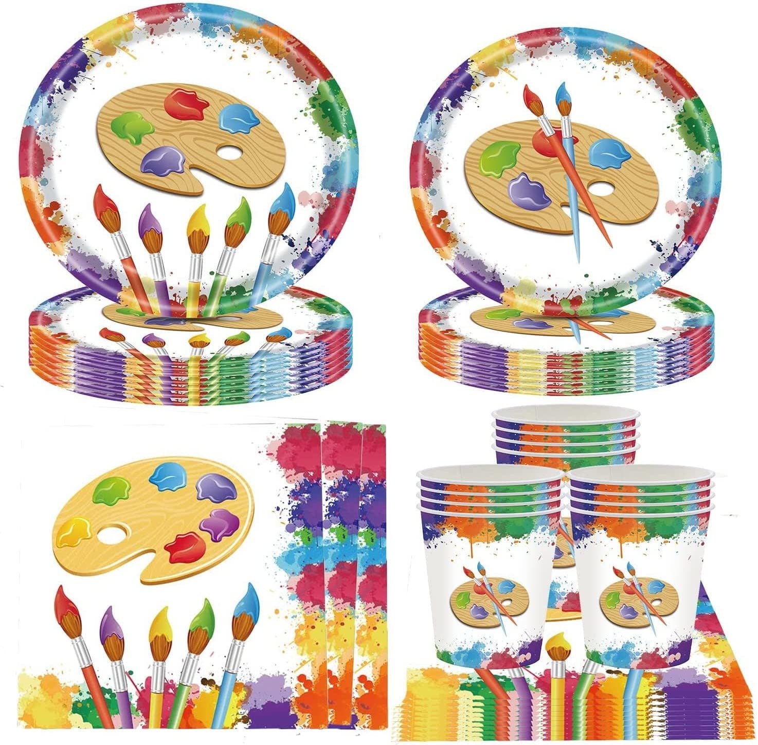 Art Painting Paper Plates Serves 20 Guests Baby Showers Birthday Party Supplies Set Disposable Party Tableware for Kids Dinner Plates, Napkins, Cup 92