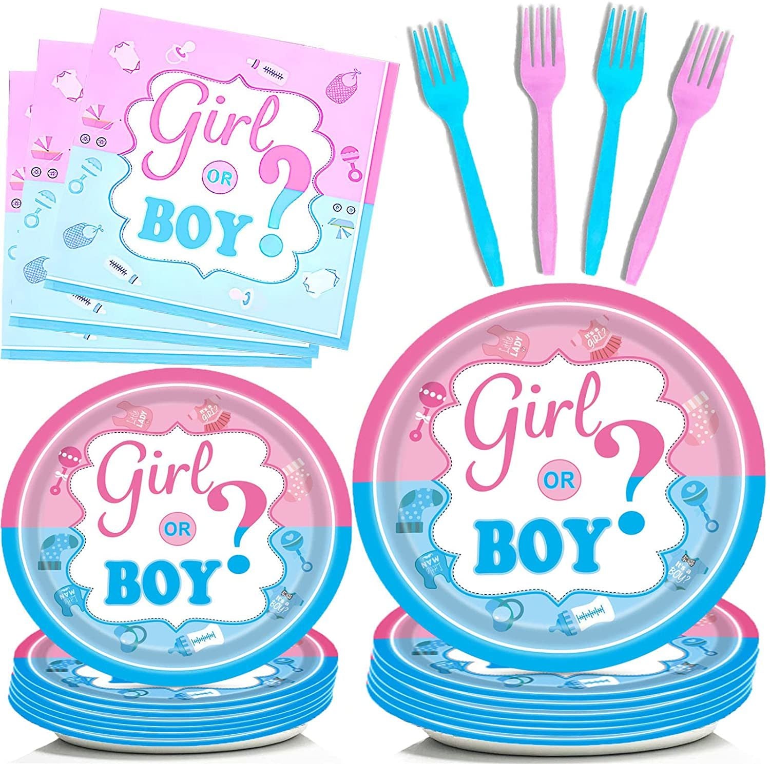 Gender Reveal Tableware Plates Baby Shower Boy or Girl Birthday Party Supplies Disposable Paper Dinnerware Set Serves 16 Guests for Boy Kids Perfect P