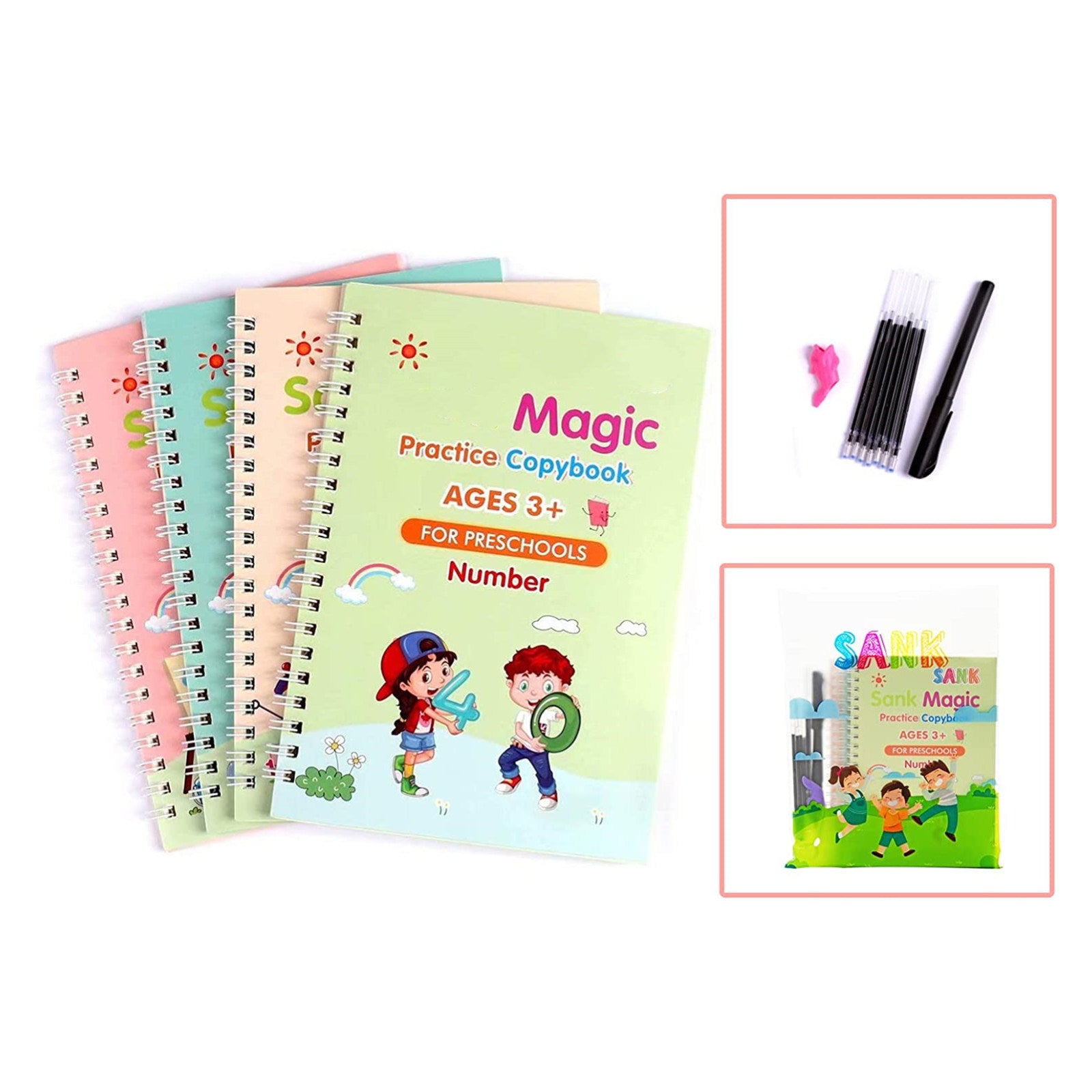 Reusable Practice Copybook Print Handwiriting Workbook Reusable Writing Practice Book;  4 Books With Pen