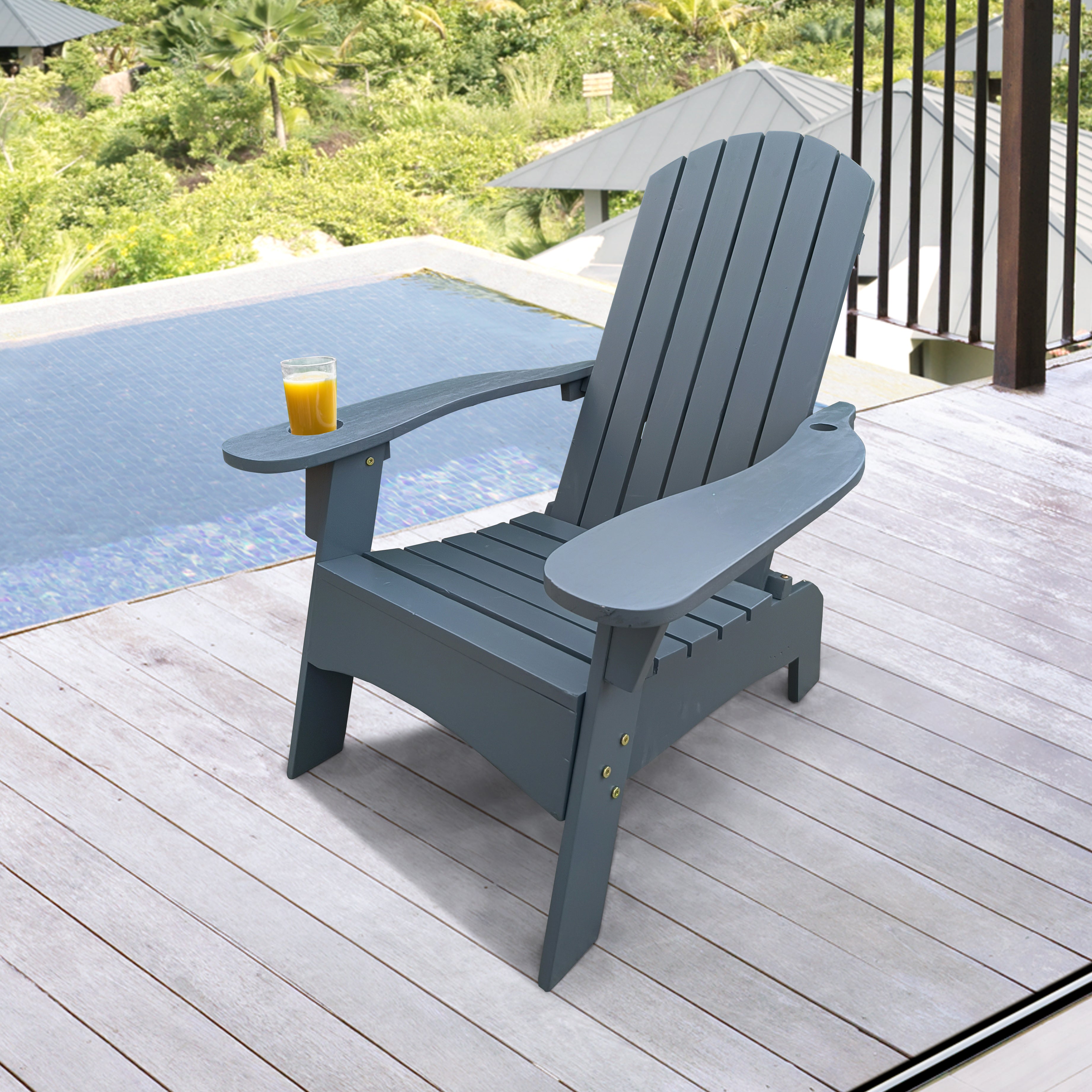 Outdoor or indoor Wood Adirondack chair with an hole to hold umbrella on the arm