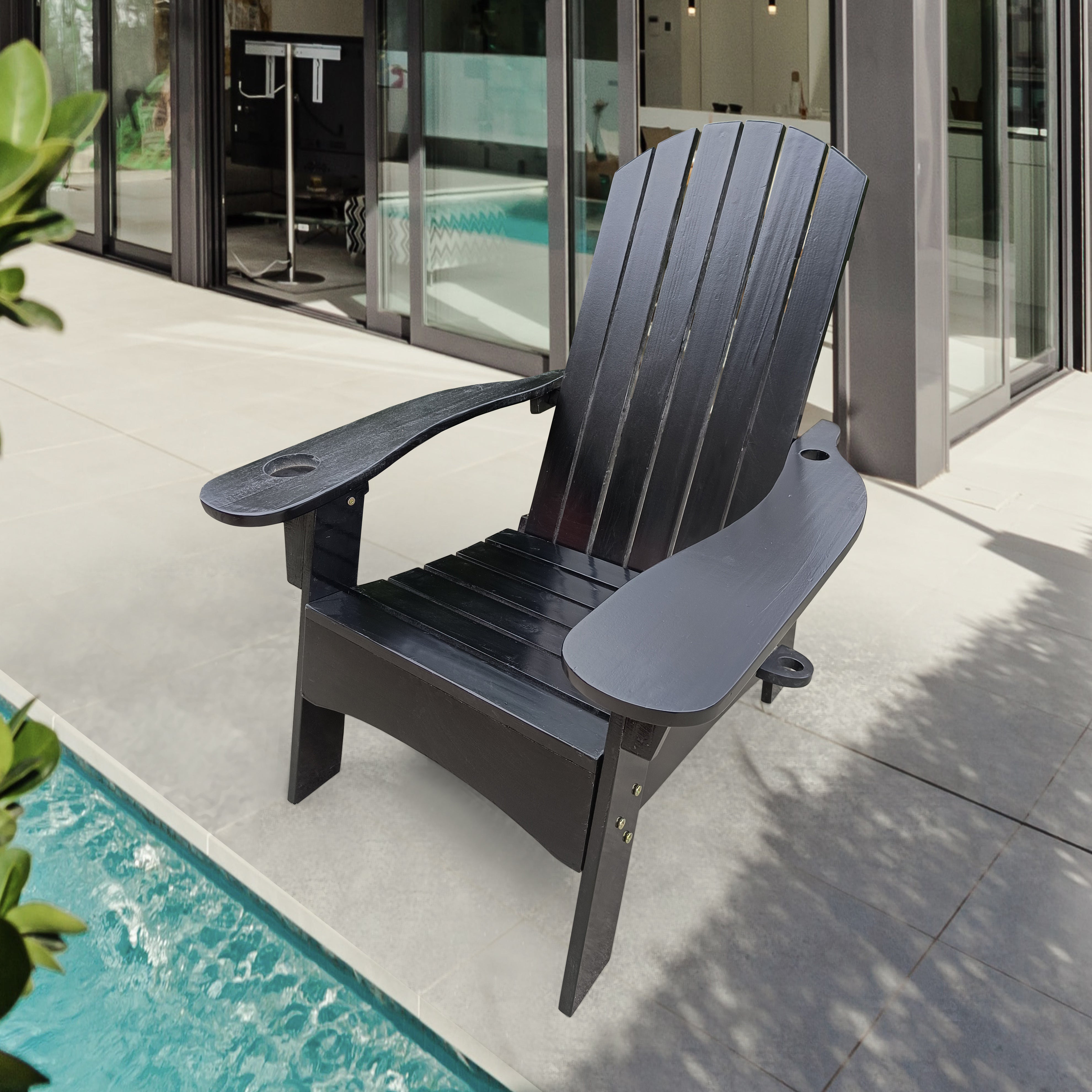 Outdoor or indoor Wood Adirondack chair with an hole to hold umbrella on the arm