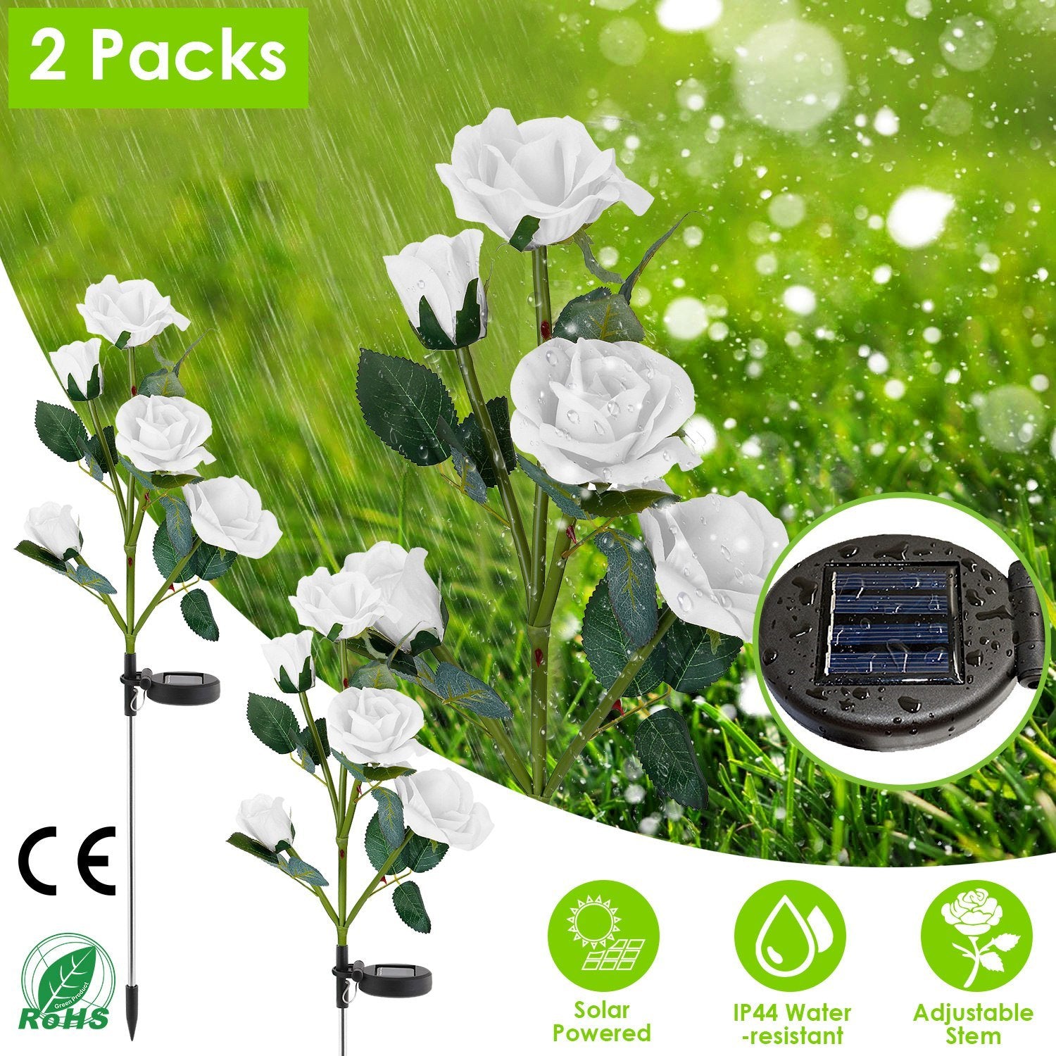 2Pcs Solar Powered Lights Outdoor Rose Flower LED Decorative Lamp Water Resistant Pathway Stake Lights