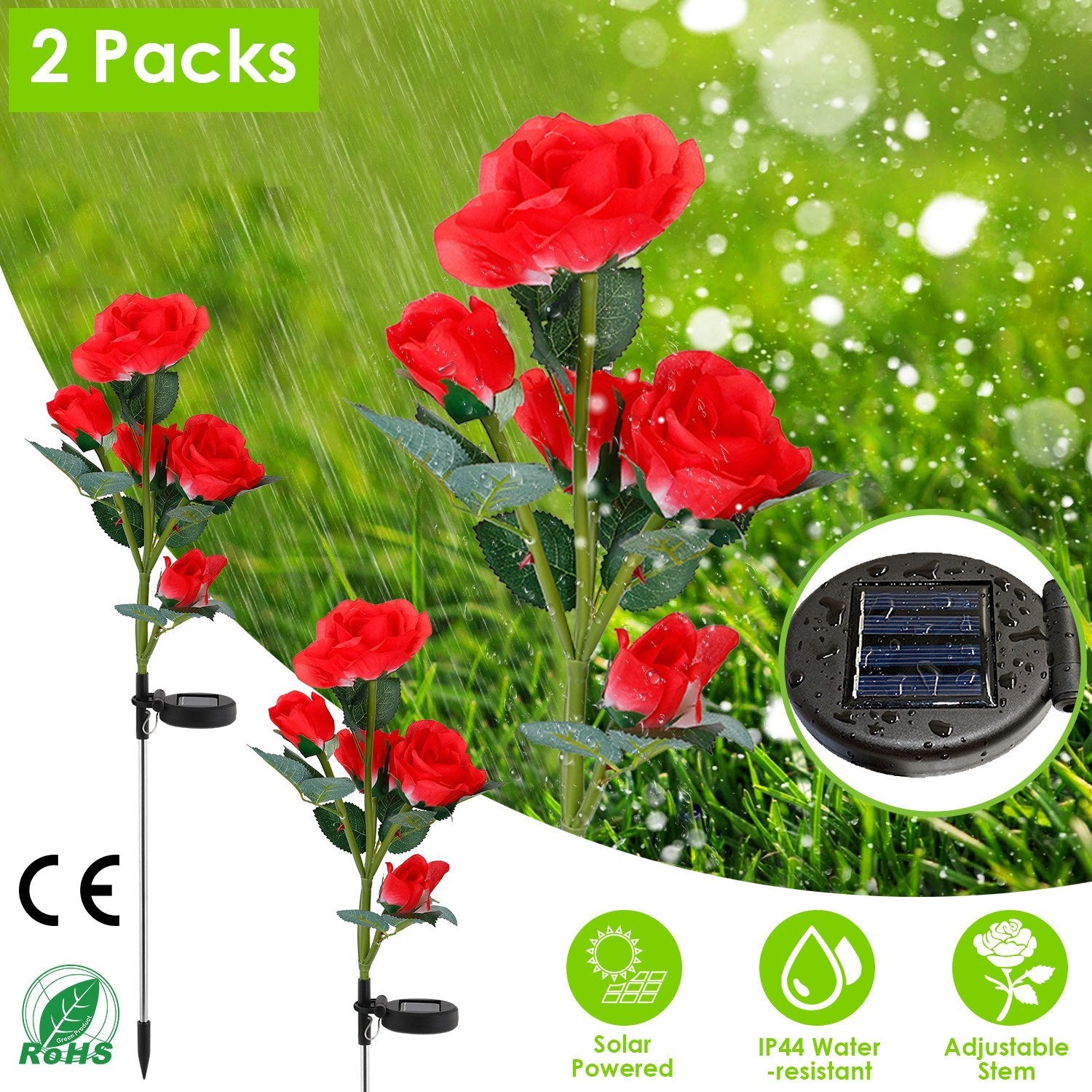 2Pcs Solar Powered Lights Outdoor Rose Flower LED Decorative Lamp Water Resistant Pathway Stake Lights