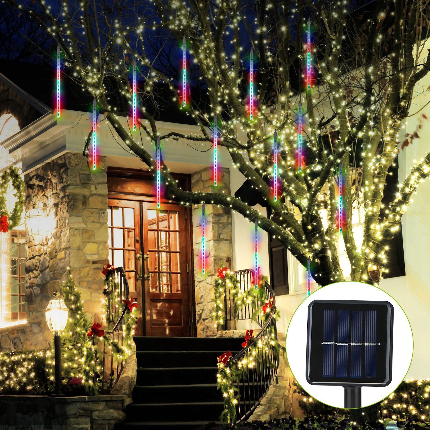 Solar Powered Meteor Shower String Lights 9.84FT Falling Raindrop Tube Lamp Water Resistant Decorative Lights