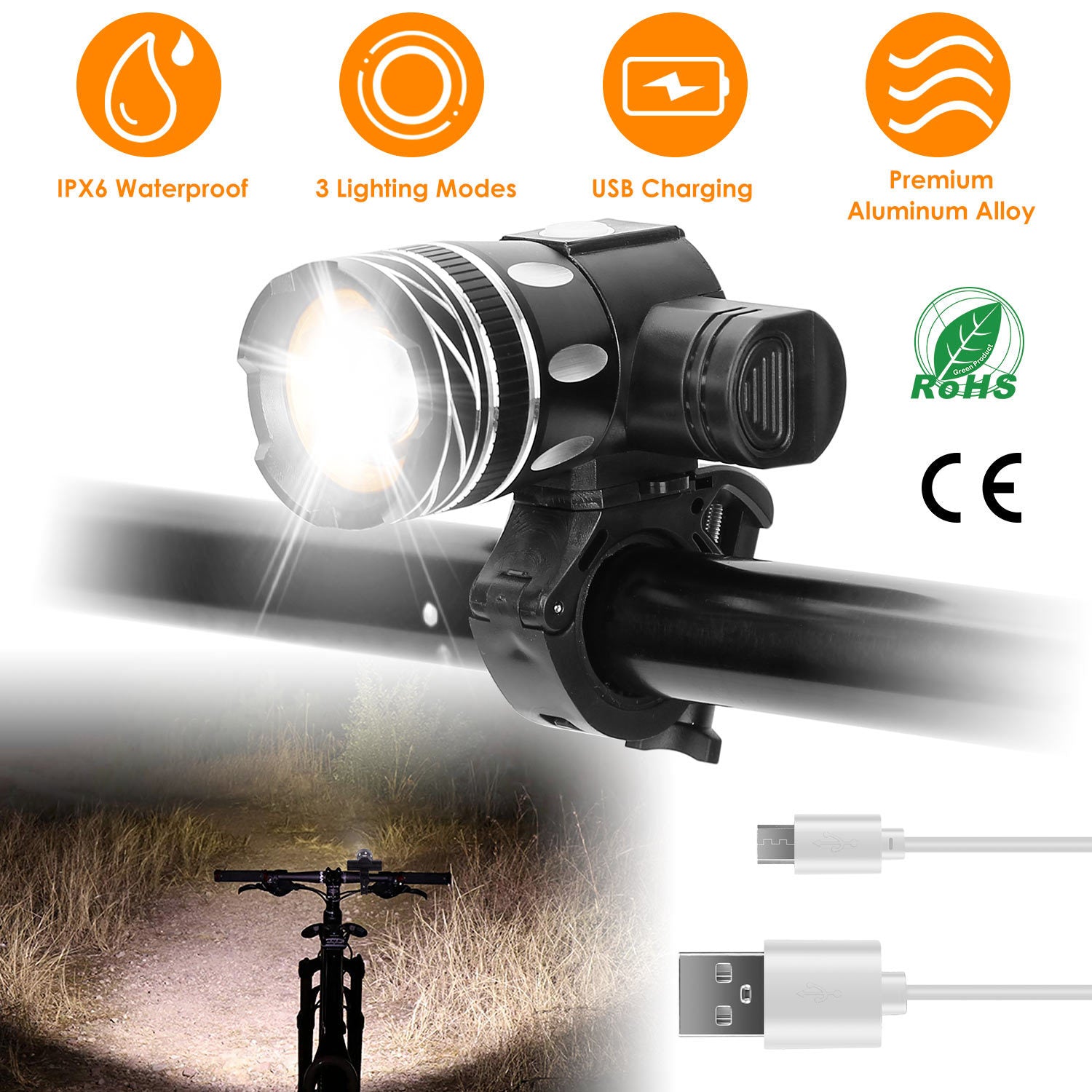 Bike Headlight USB Rechargeable LED Bicycle Front Light IPX6 Waterproof Bicycle Headlight Aluminum Alloy Shell Bike Headlight