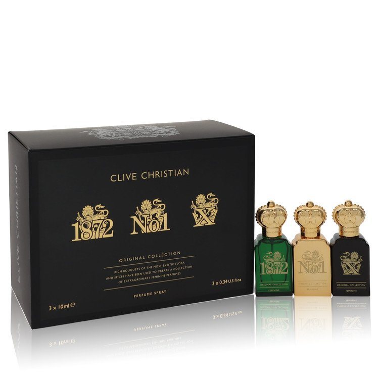 Clive Christian X by Clive Christian Gift Set - Travel Set Includes Clive Christian 1872 Feminine, Clive Christian No 1 Feminine, Clive Christian X Feminine all in .34 oz Pure Perfume Sprays