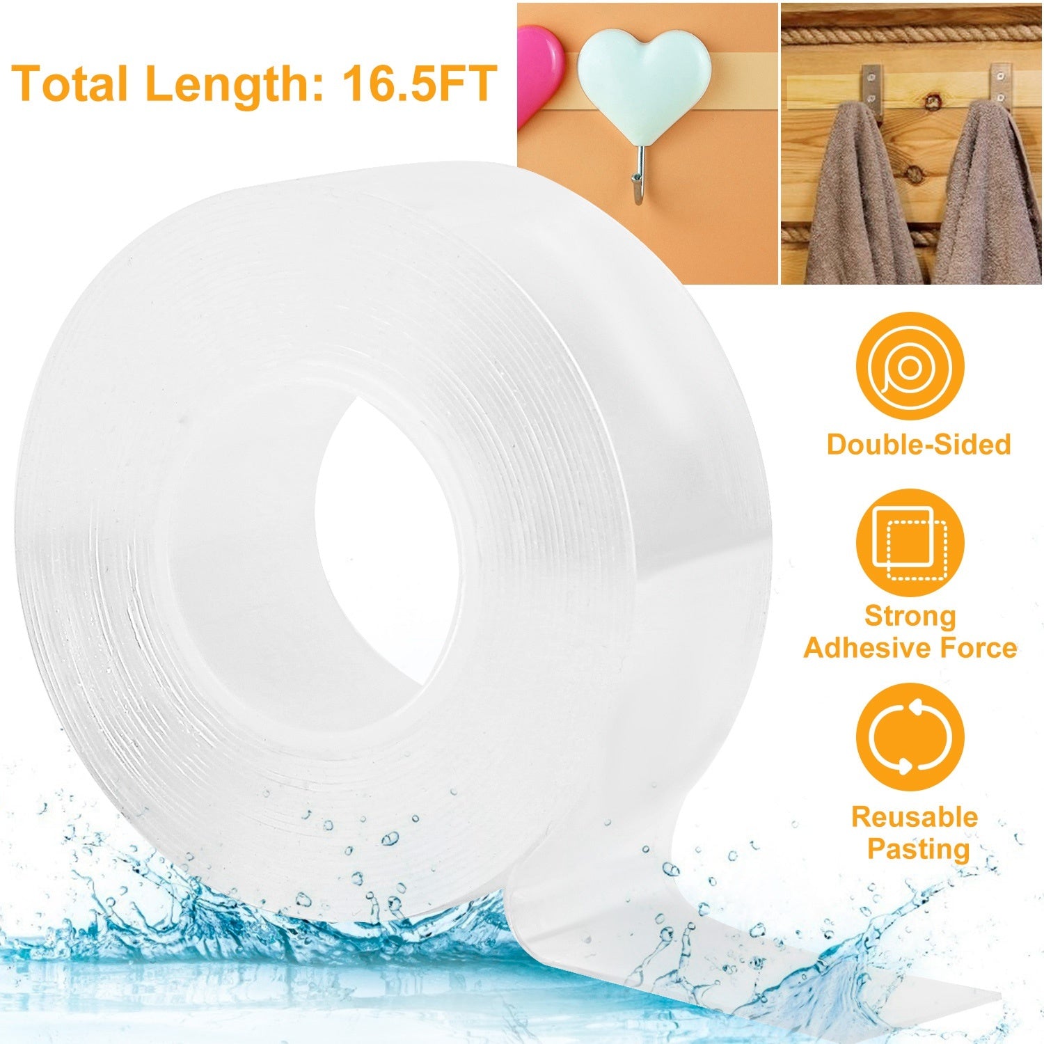 16.5FT Nano Double Sided Adhesive Tape Washable Traceless Removable Reusable Sticky Tape