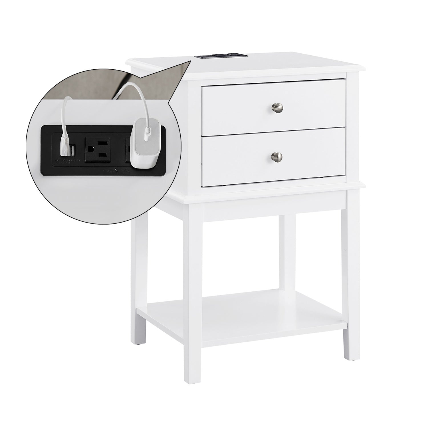 conifferism White Nightstand with Charging Station 28 inches Tall for Bedroom,Wood Sofa Side Table with 2 Drawers,Large End Table with USB Ports,Modern Bedside Table for Home Living Room…