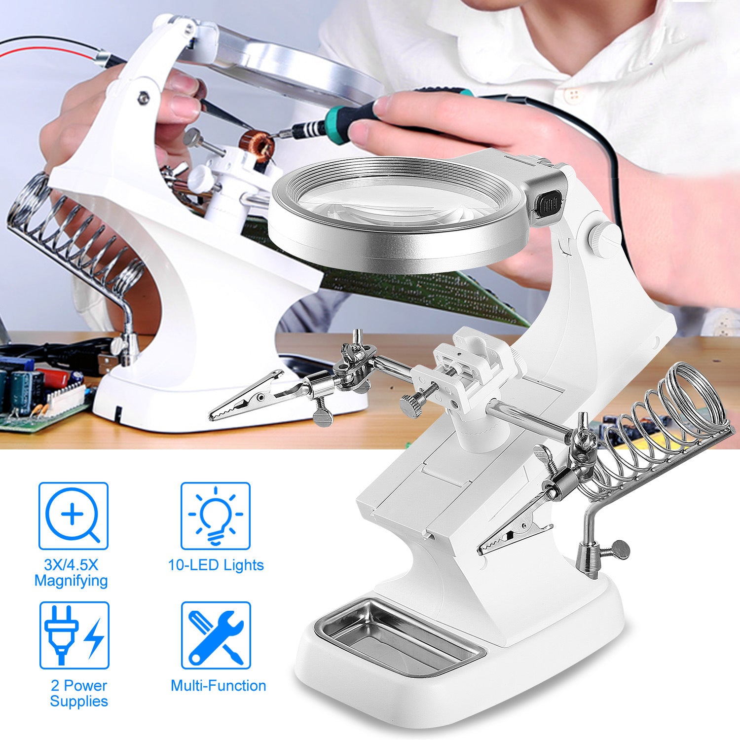 LED Light Helping Hands Magnifying Glass 3X/4.5X w/ 360°Adjust Third Hand Soldering Vise