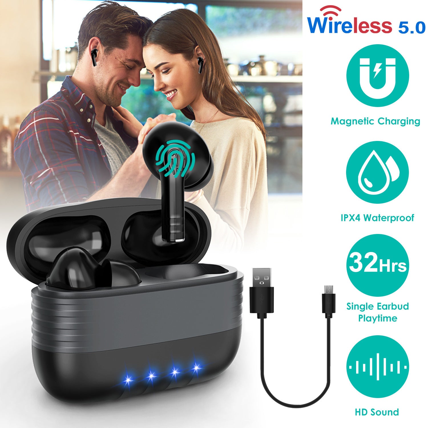 Waterproof Wireless 5.0 TWS Earbuds Wireless Headsets w/ Magnetic Charging Case Battery Remain Display