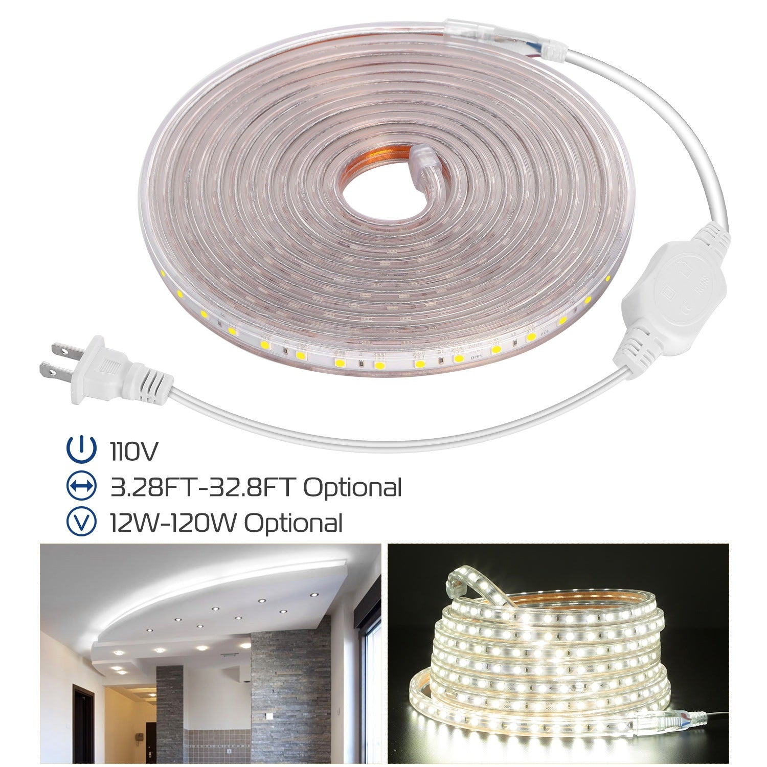 32.8ft/10m LED Strip Light 110V IP65 Waterproof 2500LM Dimmable Rope Light SMD 5050 6000K Cold White Warm