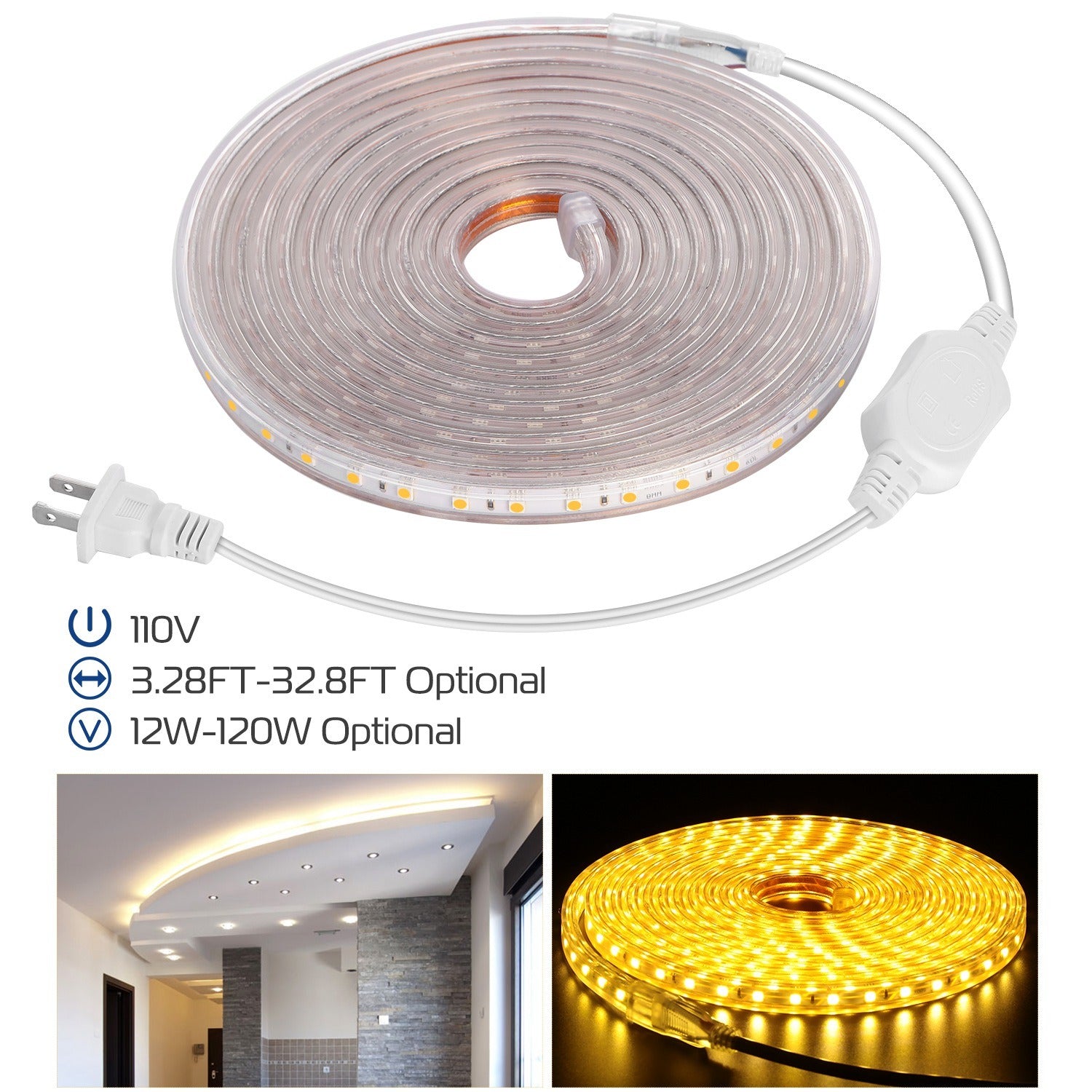 16.4ft/5m LED Strip Light 110V IP65 Waterproof 2500LM Dimmable Rope Light SMD 5050 6000K Cold White Warm