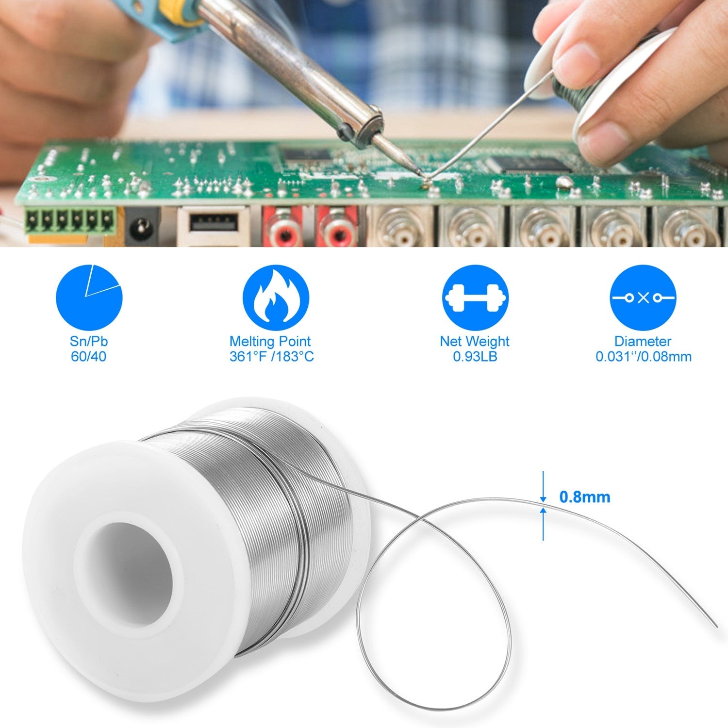 Soldering Wire 60/40 Tin Lead Rosin Core 0.031'/0.8mm 1.7% Flux Electrical Solder Wire Sn60 Pb40 1lb