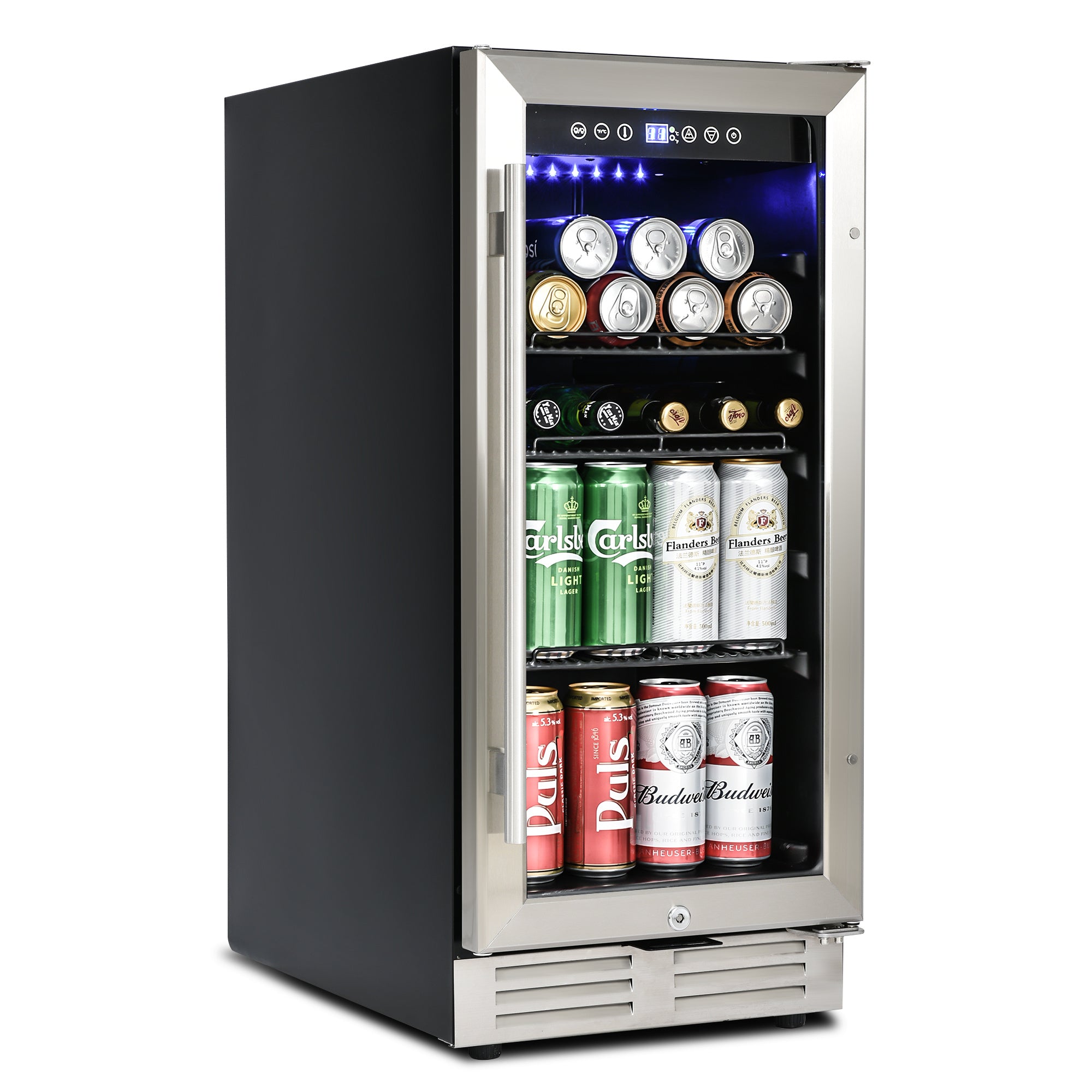 Built-in and Freestanding 15" Mini Beverage Refrigerator/Wine Cabinet, 120 Cans, 34-65°F, Quiet, Adjustable Shelves, LED Lighting, ETL , Touch Controls, Defrost, Double Glass Door, Kitchen/Bar /office