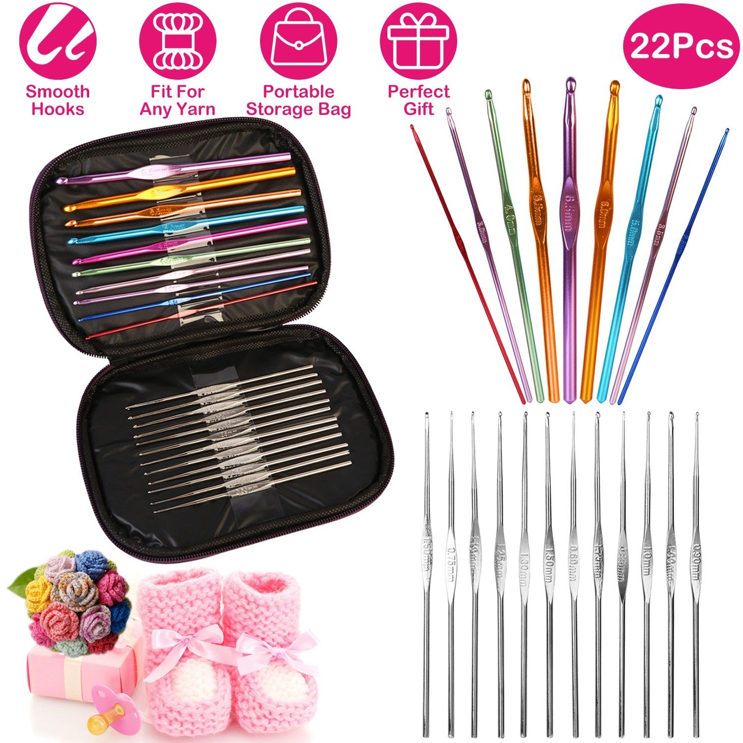 22Pcs Multi-Color Crochet Hook Needles Aluminum Handle Sewing Kit DIY Hand Knitting Craft Art Tools