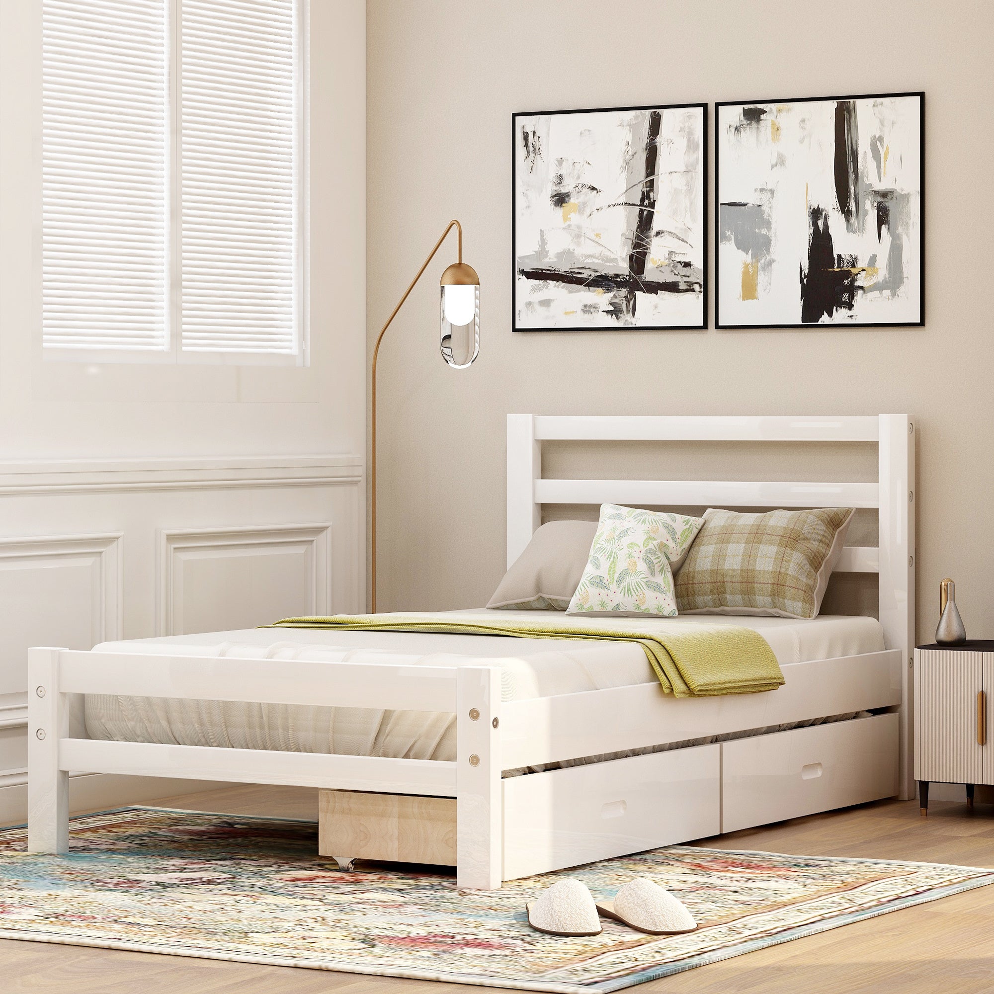 Wood platform bed with two drawers, twin