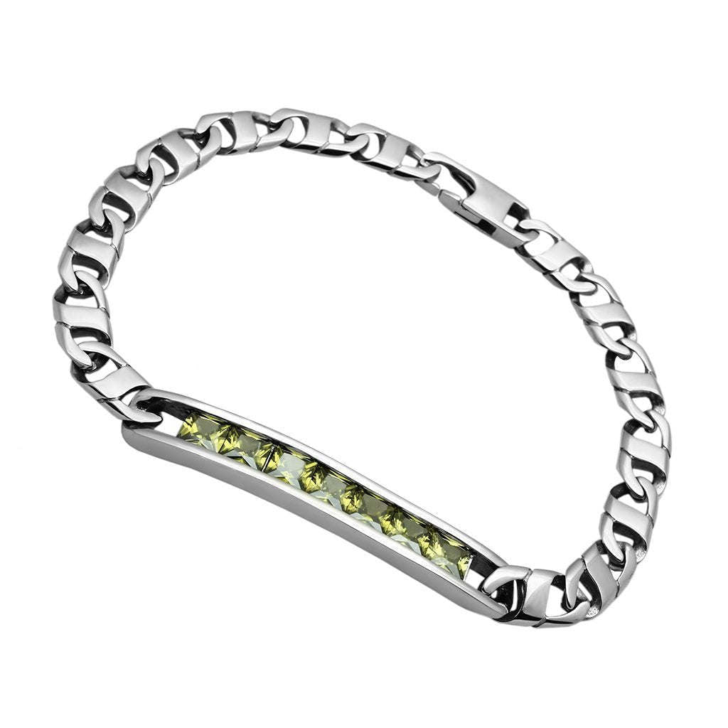 TK570 - High polished (no plating) Stainless Steel Bracelet with AAA Grade CZ in Olivine color