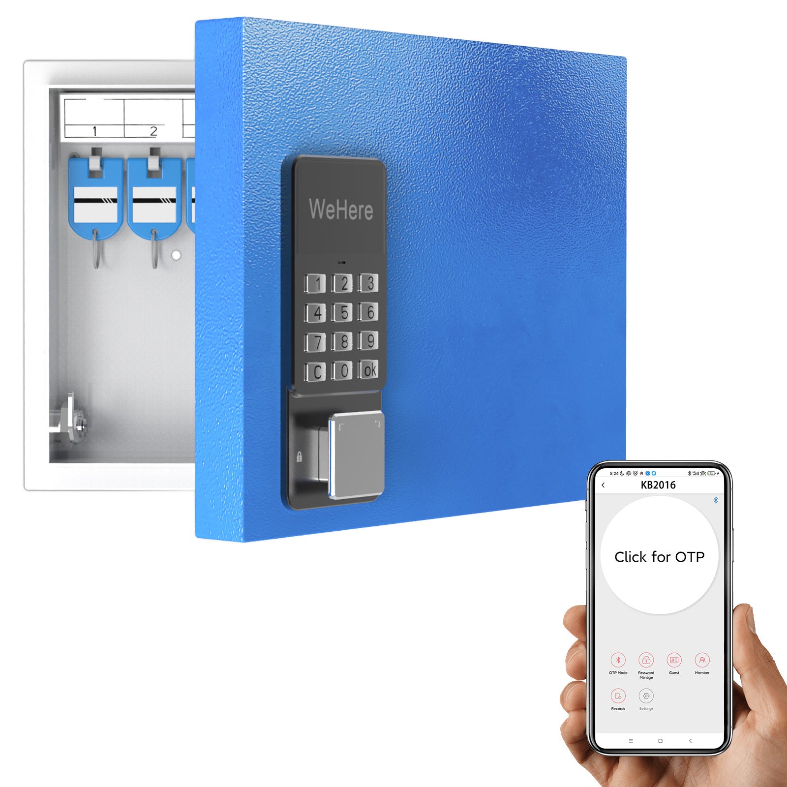 WeHere Key Lock Box (16 Keys) with APP;  Steal Large Key Cabinet Wall Mount; Electronic Locking Key Box use OTP/Bluetooth/Fixed Password Unlock;  APP Remote Authorization Great for School/Realtors