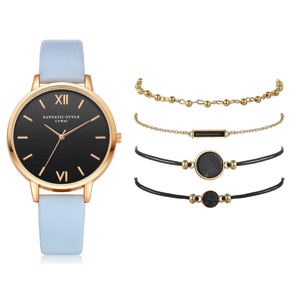 Ladies PU Strap Alloy Quartz Strap Bracelet Set Combination