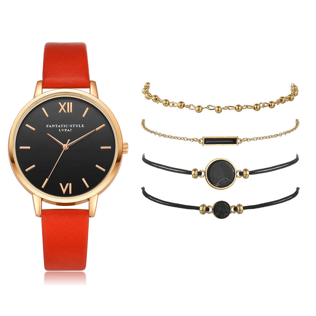Ladies PU Strap Alloy Quartz Strap Bracelet Set Combination