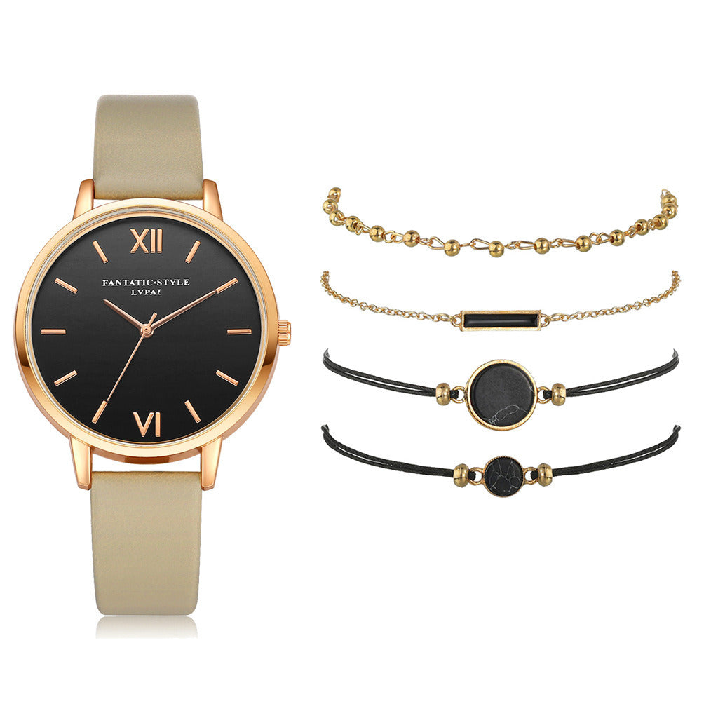 Ladies PU Strap Alloy Quartz Strap Bracelet Set Combination