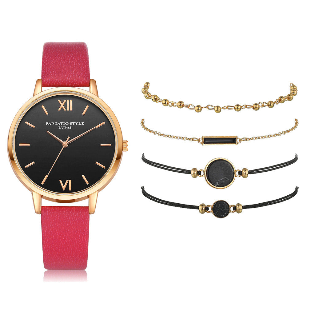 Ladies PU Strap Alloy Quartz Strap Bracelet Set Combination