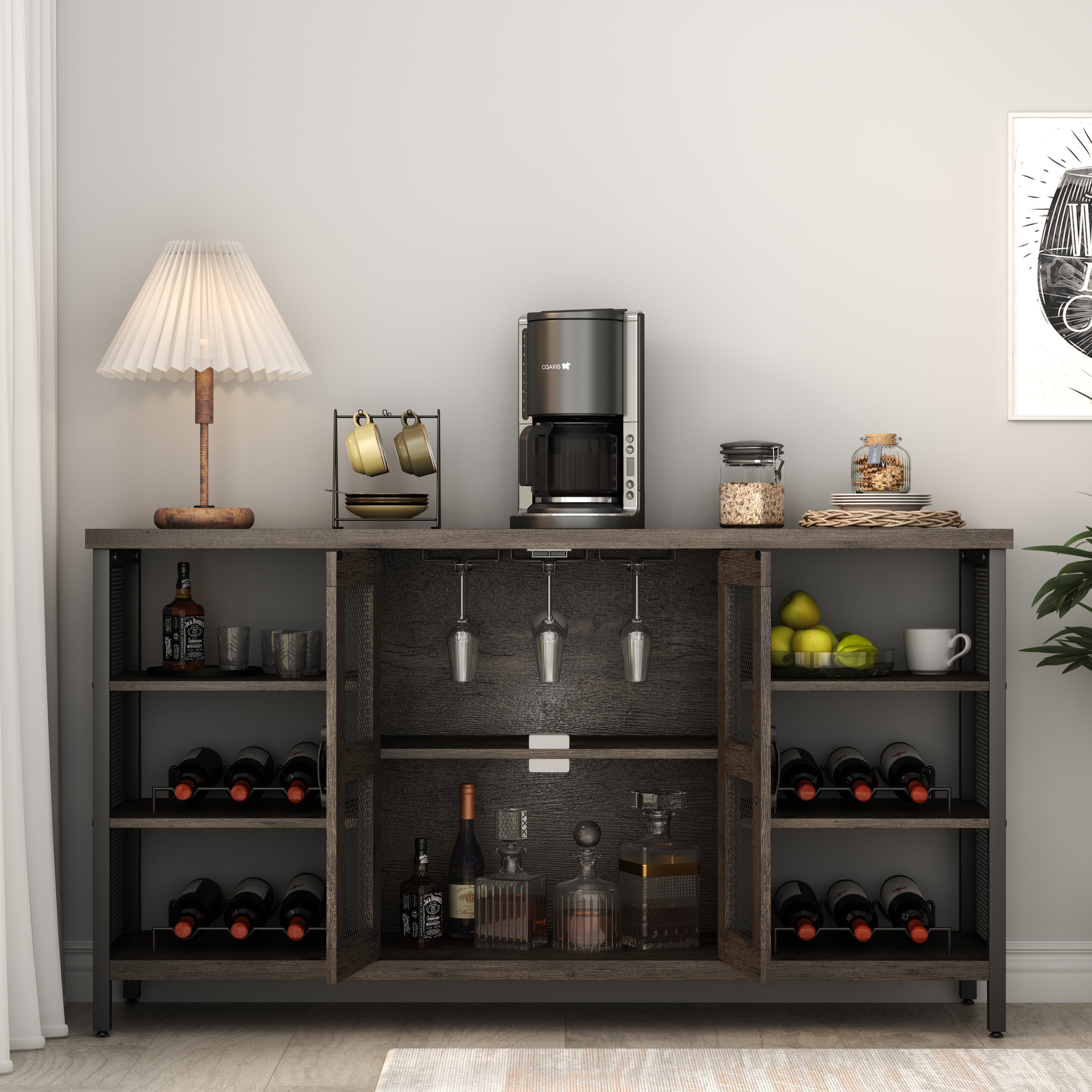 Wine Bar Cabinet for Liquor and Glasses, Rustic Wood Wine Bar Cabinet with Storage , Multifunctional Floor Wine Cabinet for Living Room(55 Inch, Black Gray)