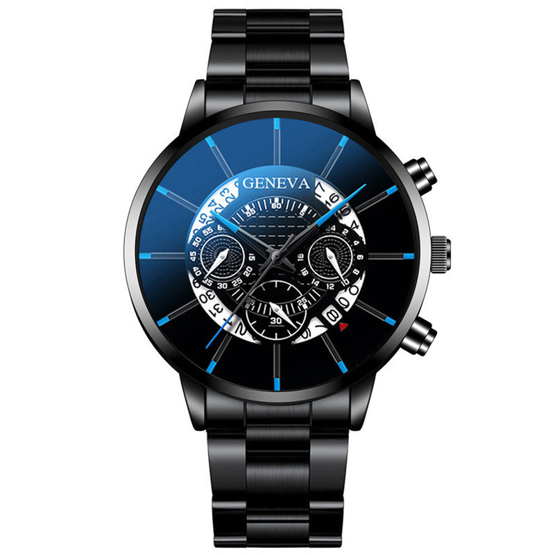 Men's Three Eyes Gold Steel Band Calendar Quartz Watch