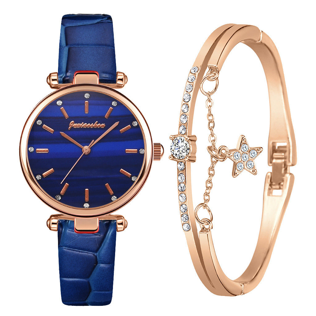 Imitation Alligator Leather pu Strap Quartz Watch Bracelet Combination Set