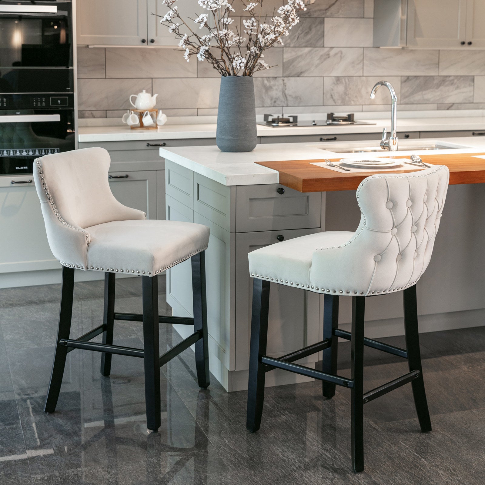 Contemporary Velvet Upholstered Wing-Back Barstools with Button Tufted Decoration and Wooden Legs;  and Chrome Nailhead Trim;  Leisure Style Bar Chairs; Bar stools;  Set of 2