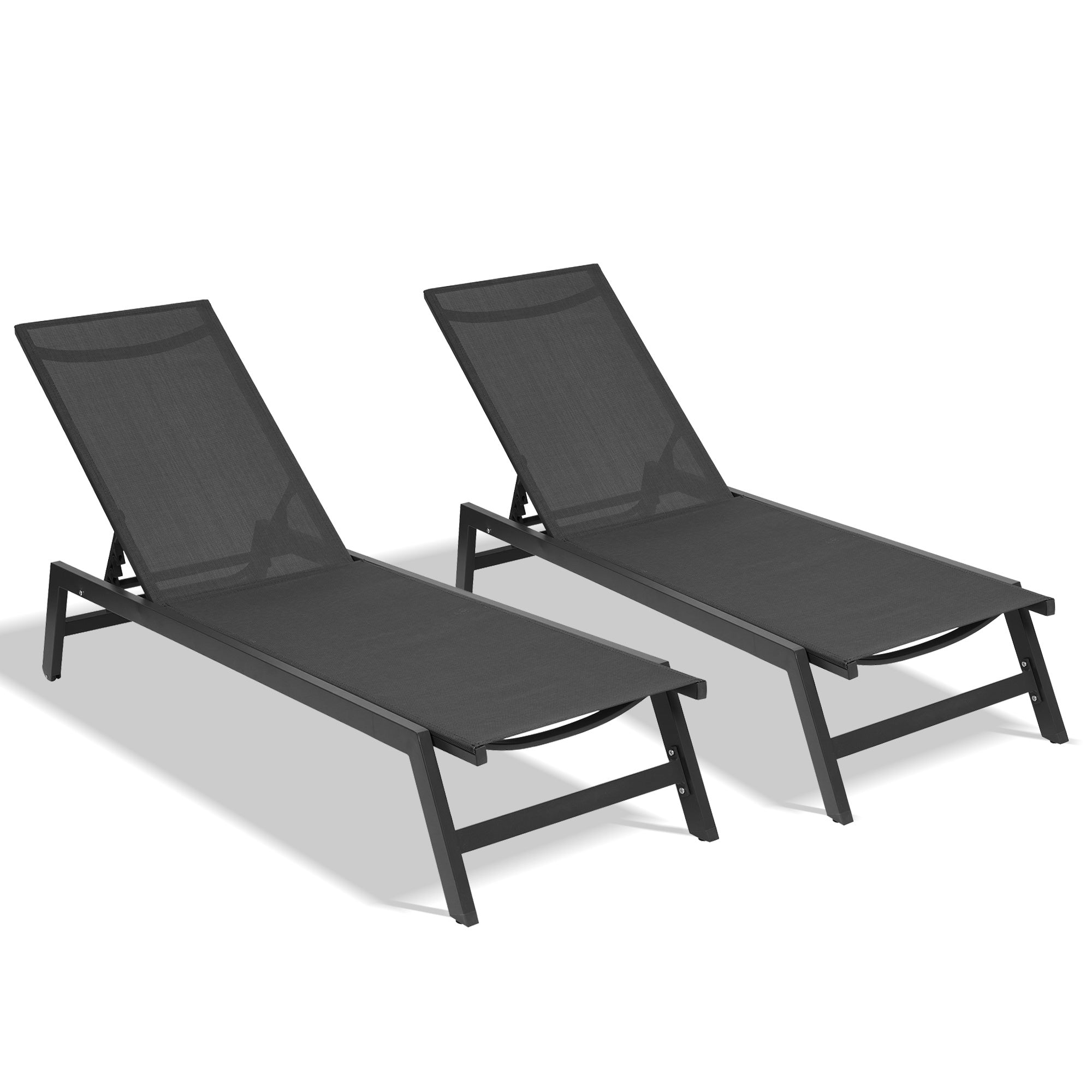 Outdoor 2-Pcs Set Chaise Lounge Chairs; Five-Position Adjustable Aluminum Recliner; All Weather for Patio; Beach; Yard; Pool ( Grey Frame/ Black fabric)