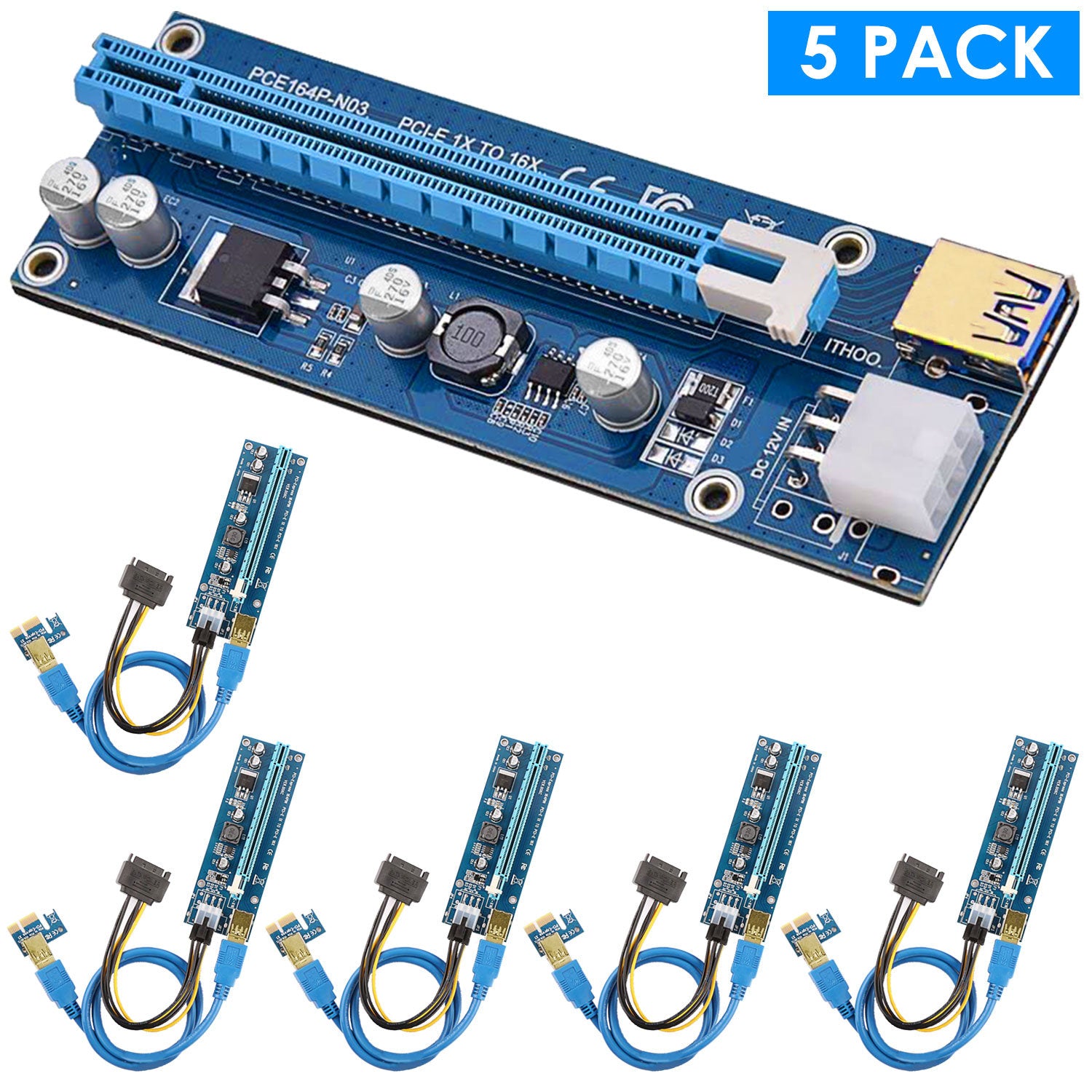 5Sets PCI-E PCI Express Risers GPU Mining Powered Riser Adapter Card w/ 23.62in USB 3.0 Cable MOLEX To SATA