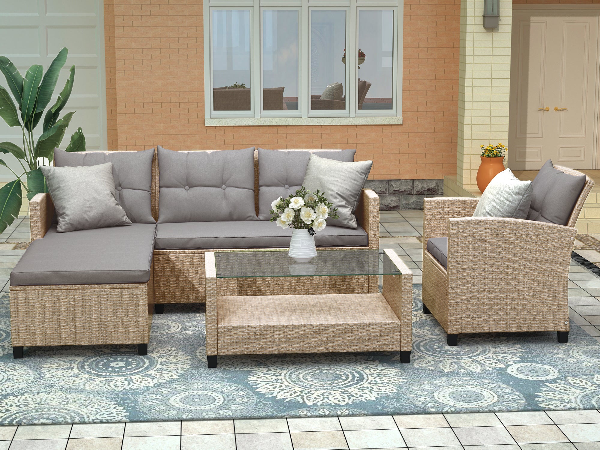 Outdoor, Patio Furniture Sets, 4 Piece Conversation Set Wicker Ratten Sectional Sofa with Seat Cushions(Beige Brown)