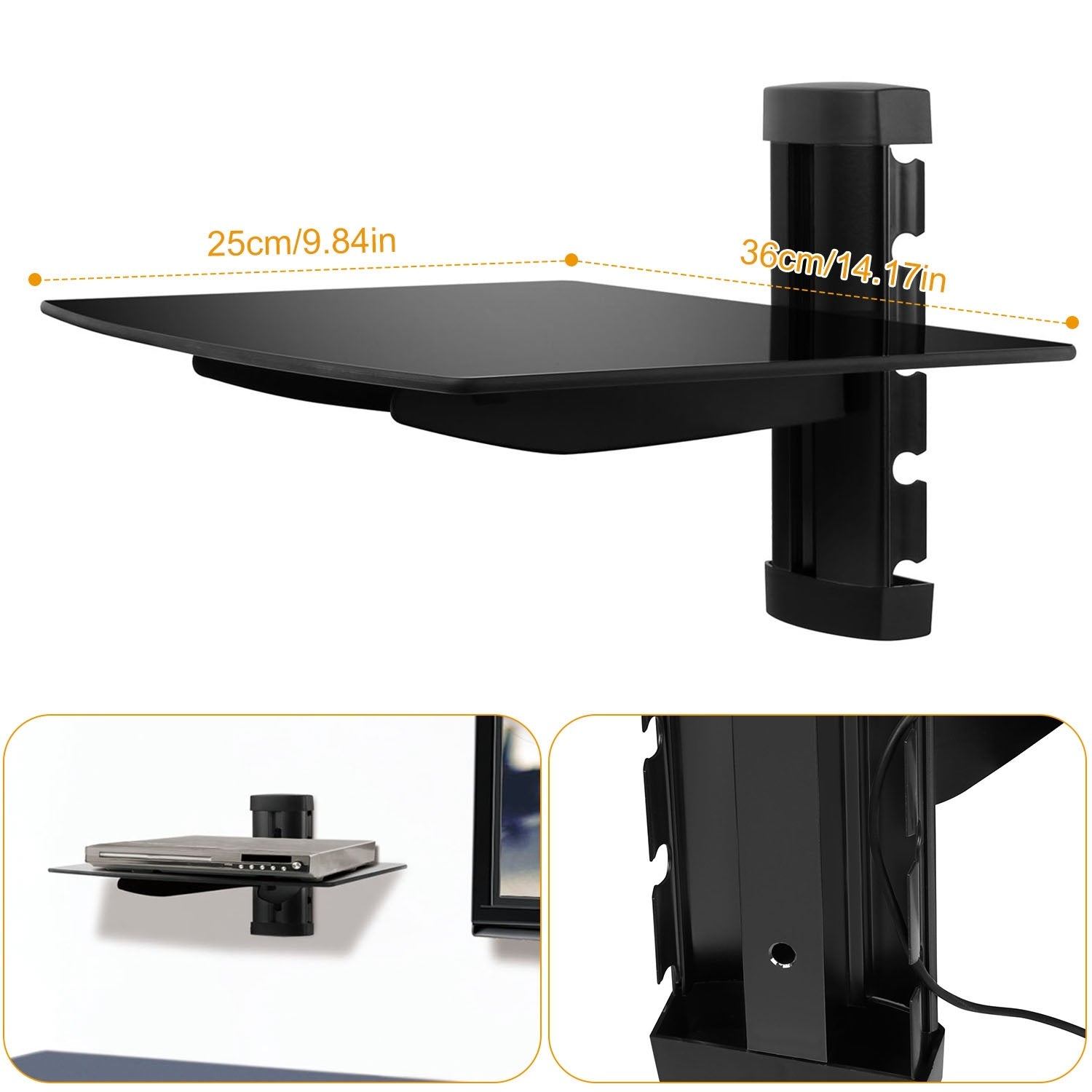 Floating Wall Mounted Strengthened Tempered Glass Shelf for DVD Cable Boxes