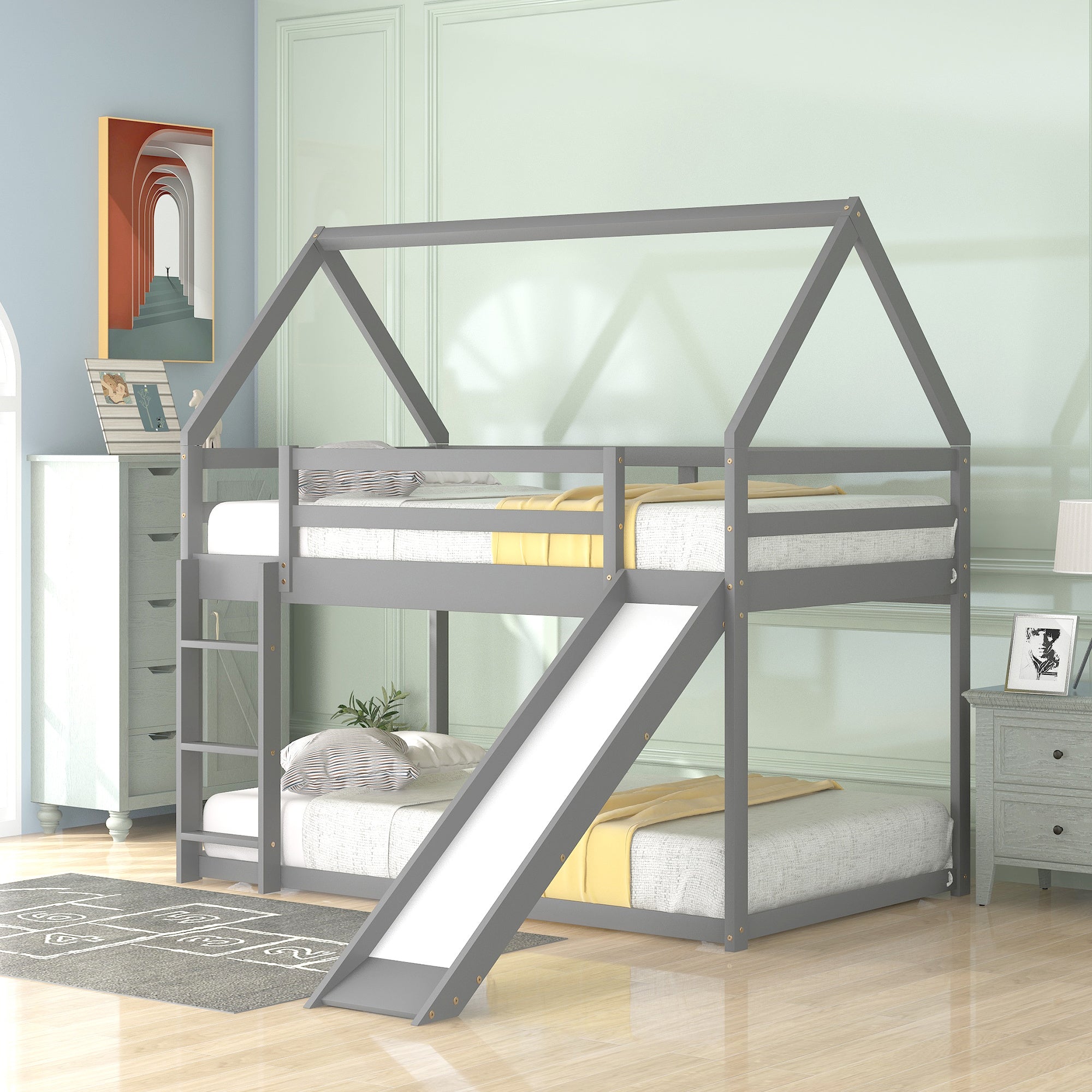 Twin over Twin Low Bunk Bed, House Bed with Ladder , White