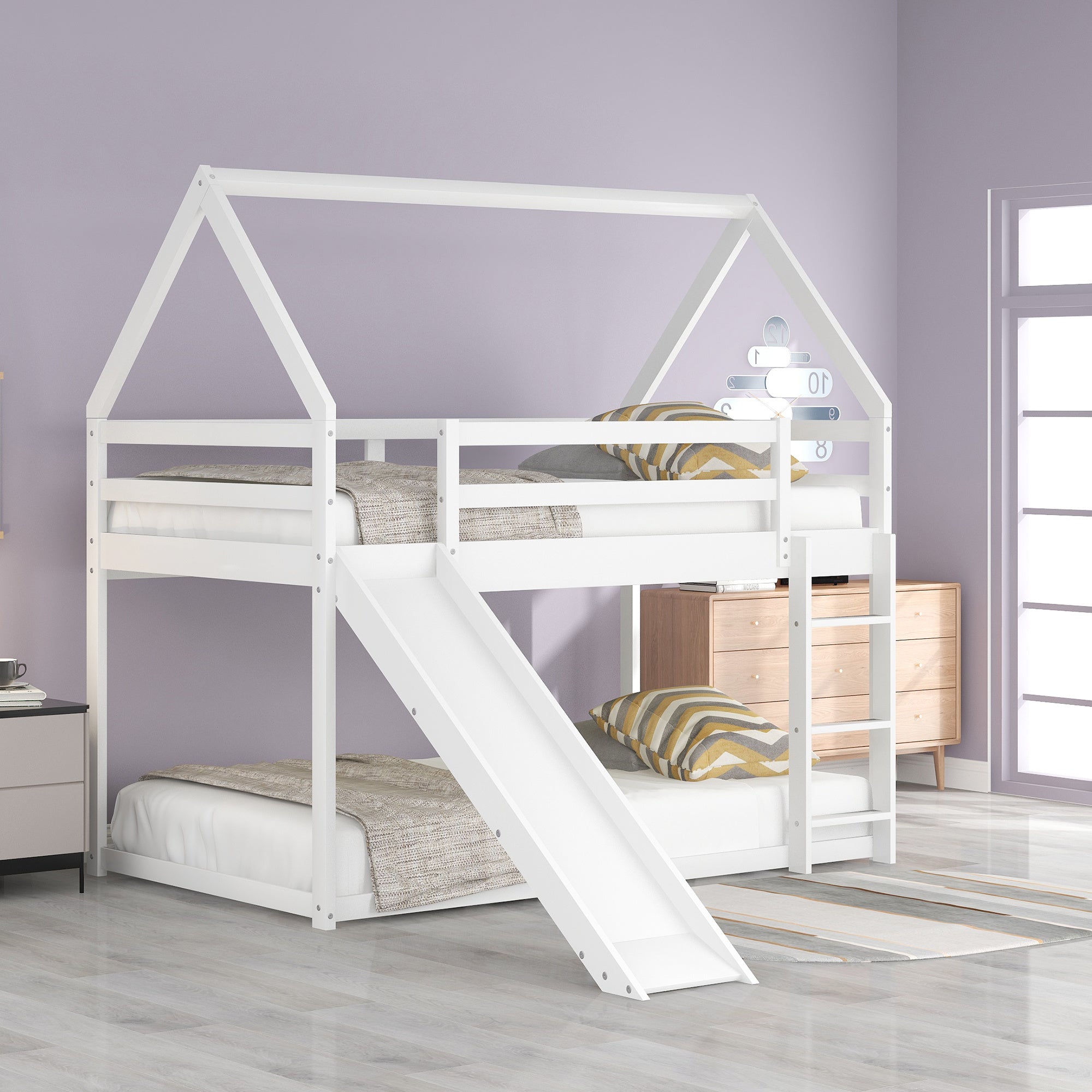 Twin over Twin Low Bunk Bed, House Bed with Ladder , White